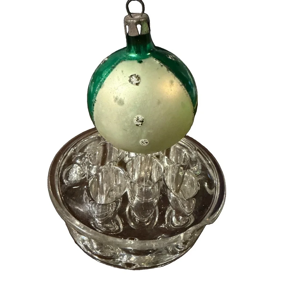 Vintage Japan Glass Indent Reflector Christmas Ornament Green Floral MCM 2